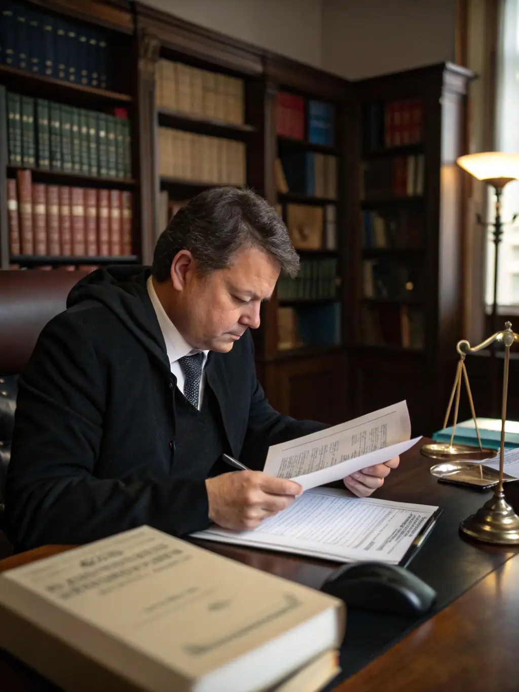 A professional legal expert is carefully reviewing documents related to blocked funds recovery in a well-lit office setting.