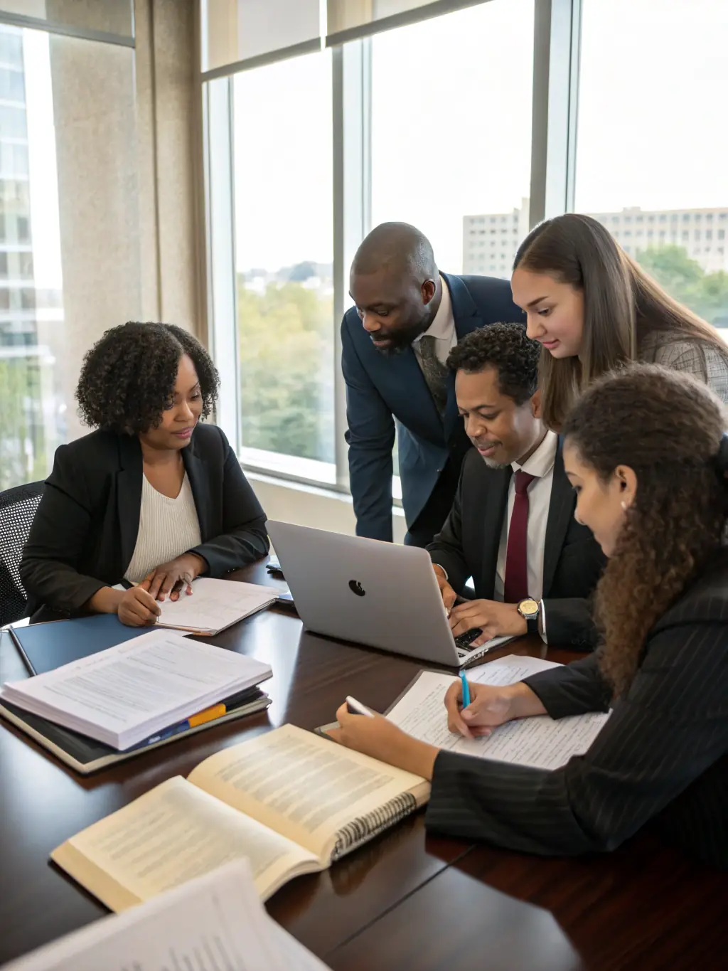 A diverse group of legal professionals collaborating on a complex case, symbolizing the firm's expertise and teamwork.
