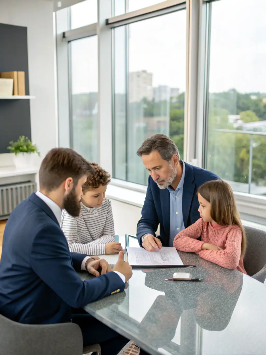A family is discussing inheritance matters with a legal advisor in a comfortable and supportive environment.